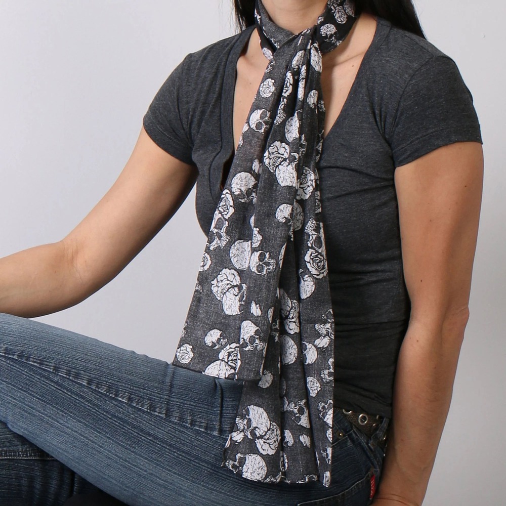 Skull and Rose Print Sheer Black Pink Scarf Wrap Gothic Grunge Y2K Edgy